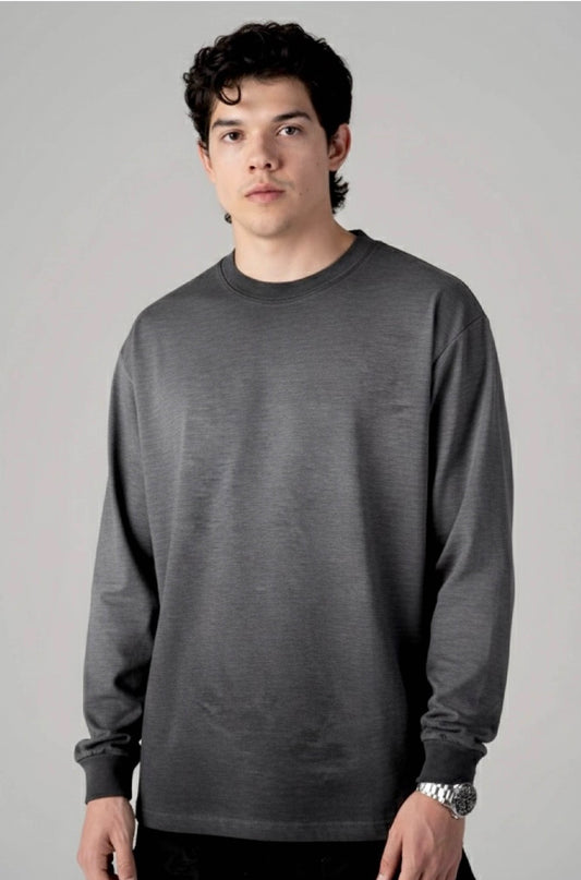 Playera Manga Larga Bambú Acid Wash Negra Gramaje 220