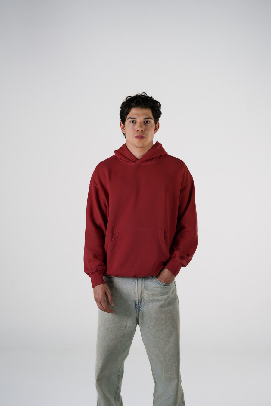 Hoodie Semi Oversize Soft Wash Denim Red French Terry 420 Gsm