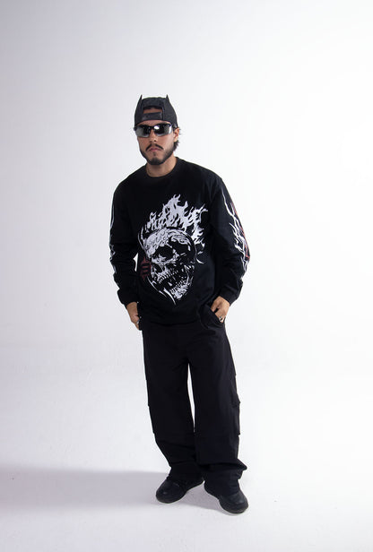 Playera "Hell Born" Manga Larga 275 Gsm Negra